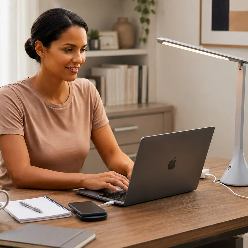 Woman smiling while working on laptop at organized wooden desk with modern lighting and home office decor.