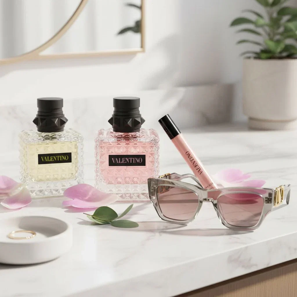 Valentino beauty collection featuring two perfumes, sunglasses, and lip gloss displayed on marble with pink petals and accessories.