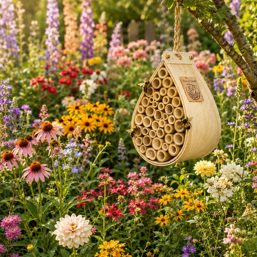 Wooden bee house hanging in a vibrant garden filled with colorful flowers and pollinating bees.
