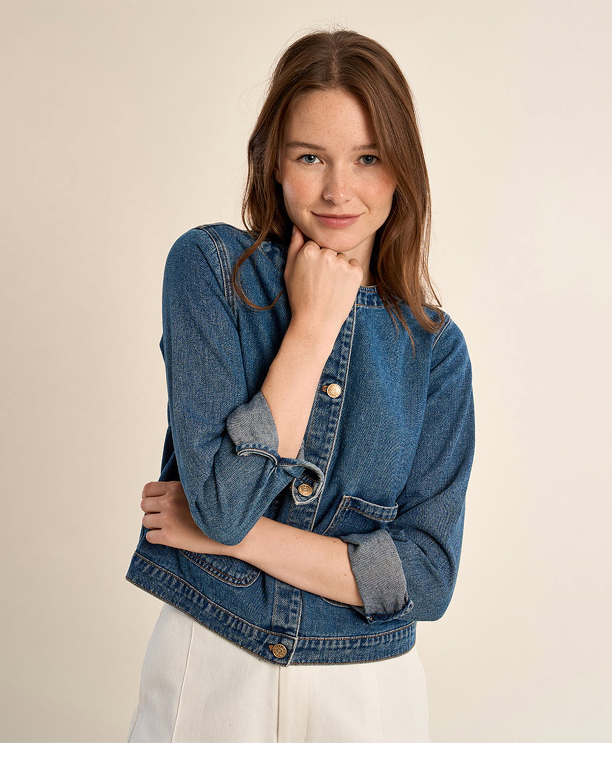 Veste en denim, col rond