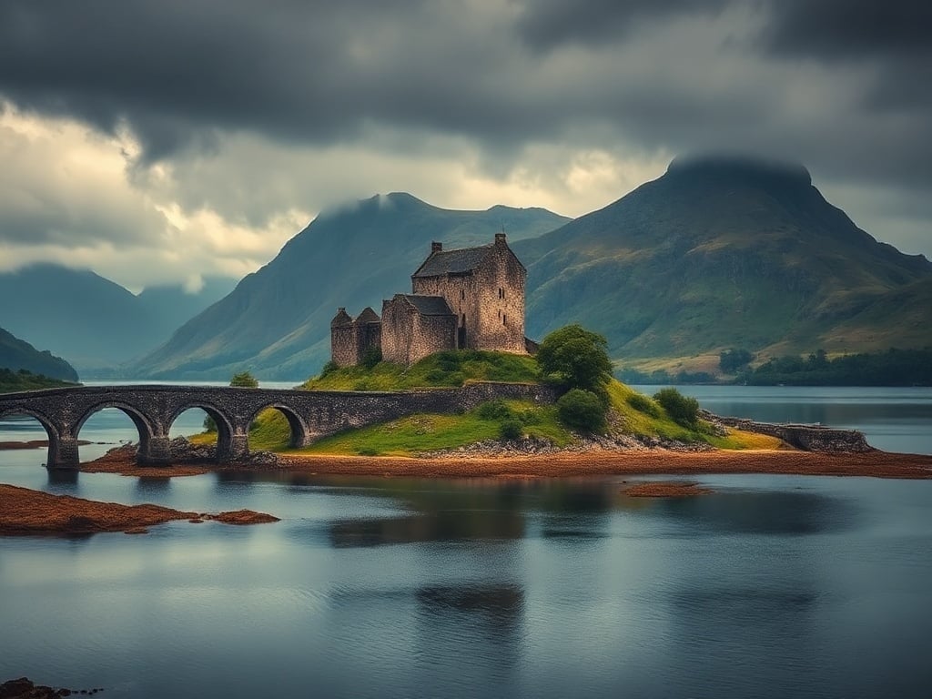 Castillo de Eilean Donan sobre un islote entre lagos escoceses en las Highlands