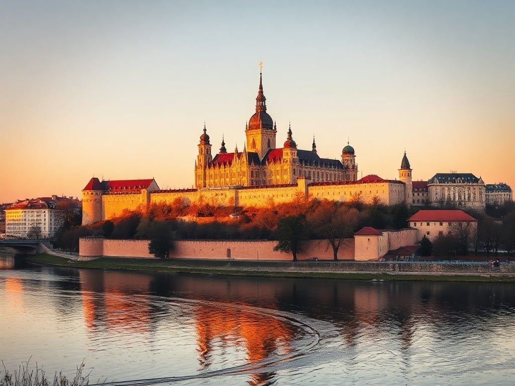 Castillo de Wawel sobre el río Vístula al atardecer en Cracovia