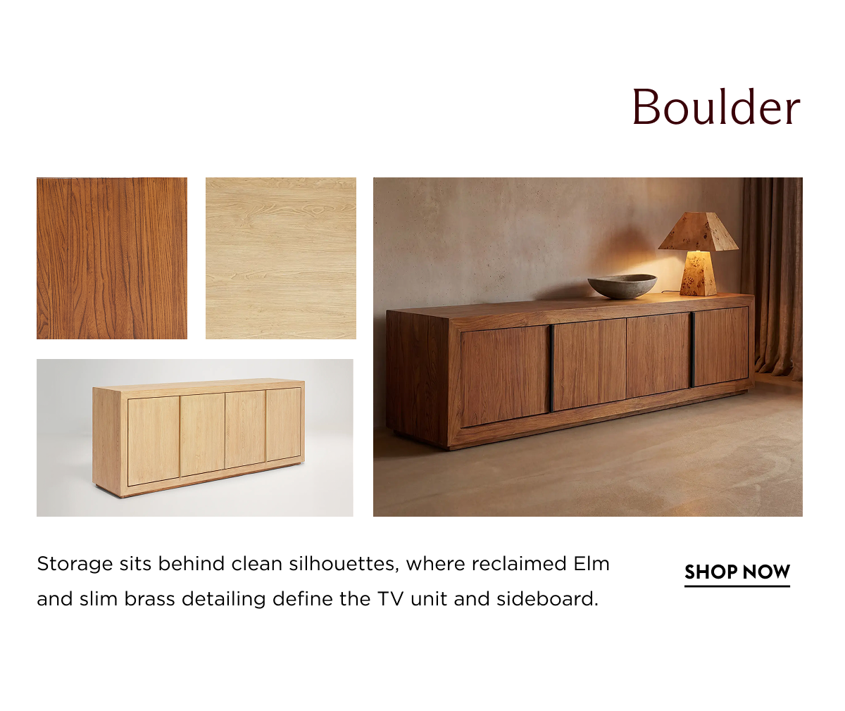Storage sits behind clean silhouettes, where reclaimed Elm and slim brass detailing define the TV unit and sideboard.
