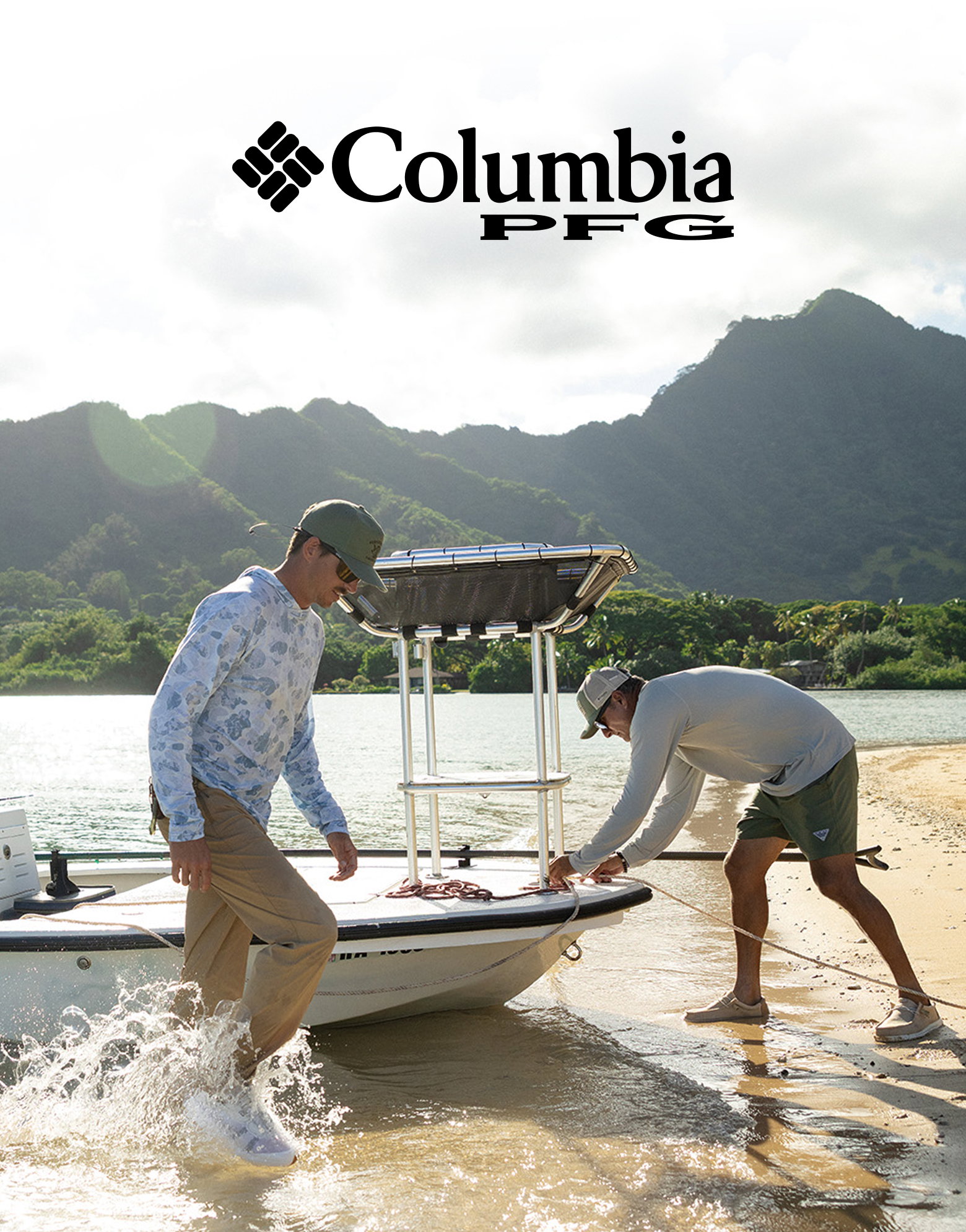 Two anglers tying a boat to the shore with the Columbia PFG logo at the top.