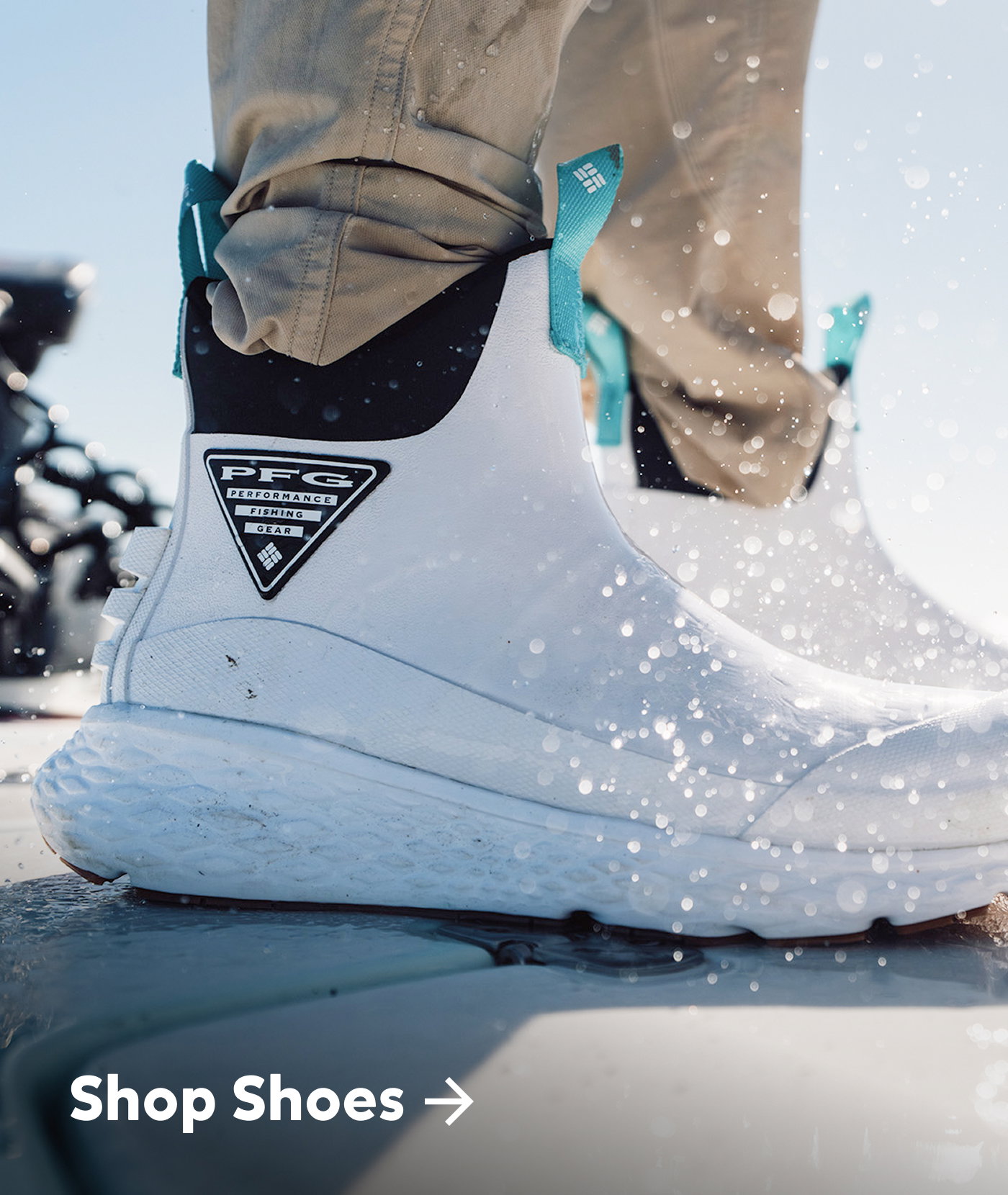Close up of white deck boots with words: Shop Shoes