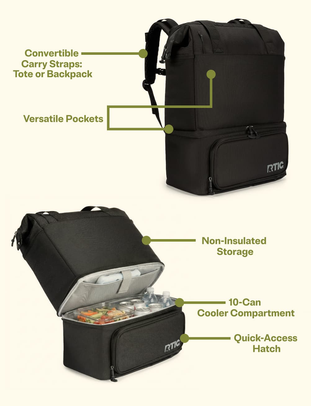 Convertible carry straps: tote or backpack, versatile pockets, non-insulated storage, 10-can cooler compartment, quick-access hatch