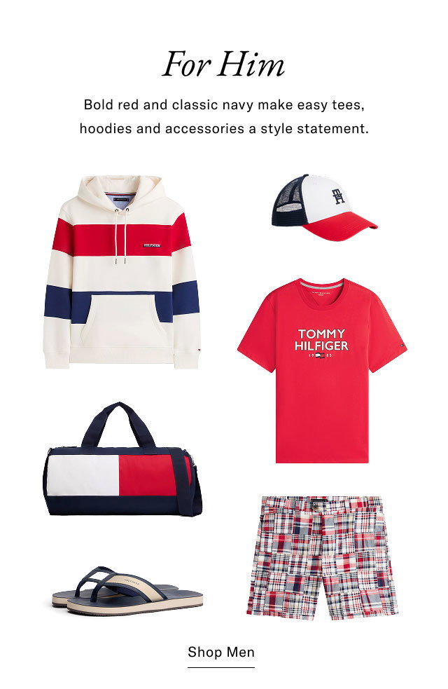 For Him Bold red and classic navy make easy tees, hoodies and accessories a style statement.  shop men