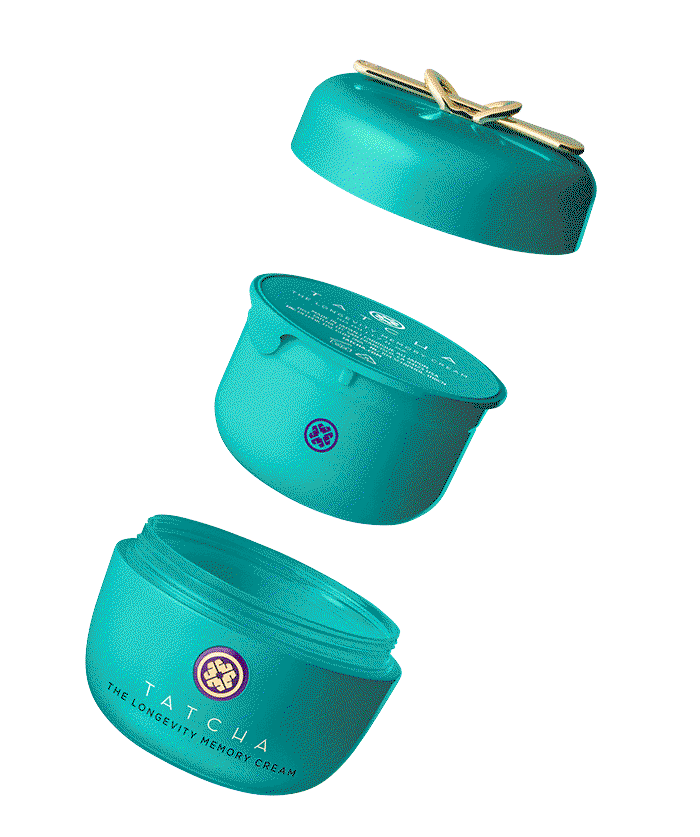 A gif of the different moisturizers and refills from Tatcha: the Dewy Skin Cream, the Water Cream, and the Longevity Memory Cream.
