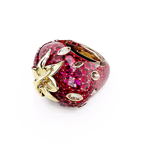 Anillo con motivo Idyllia, tallas mixtas, fresa, roja, baño en tono oro