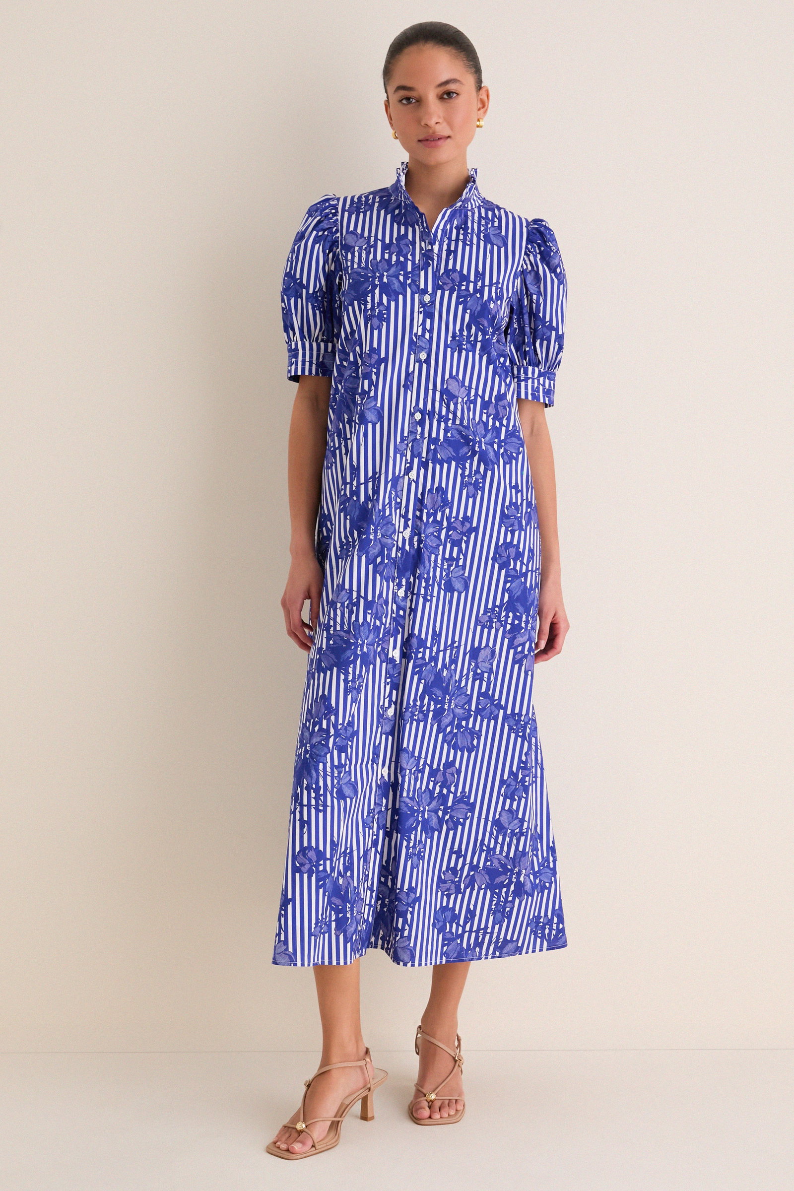 Image of Blue & White Striped Floral Louisa Maxi Dress