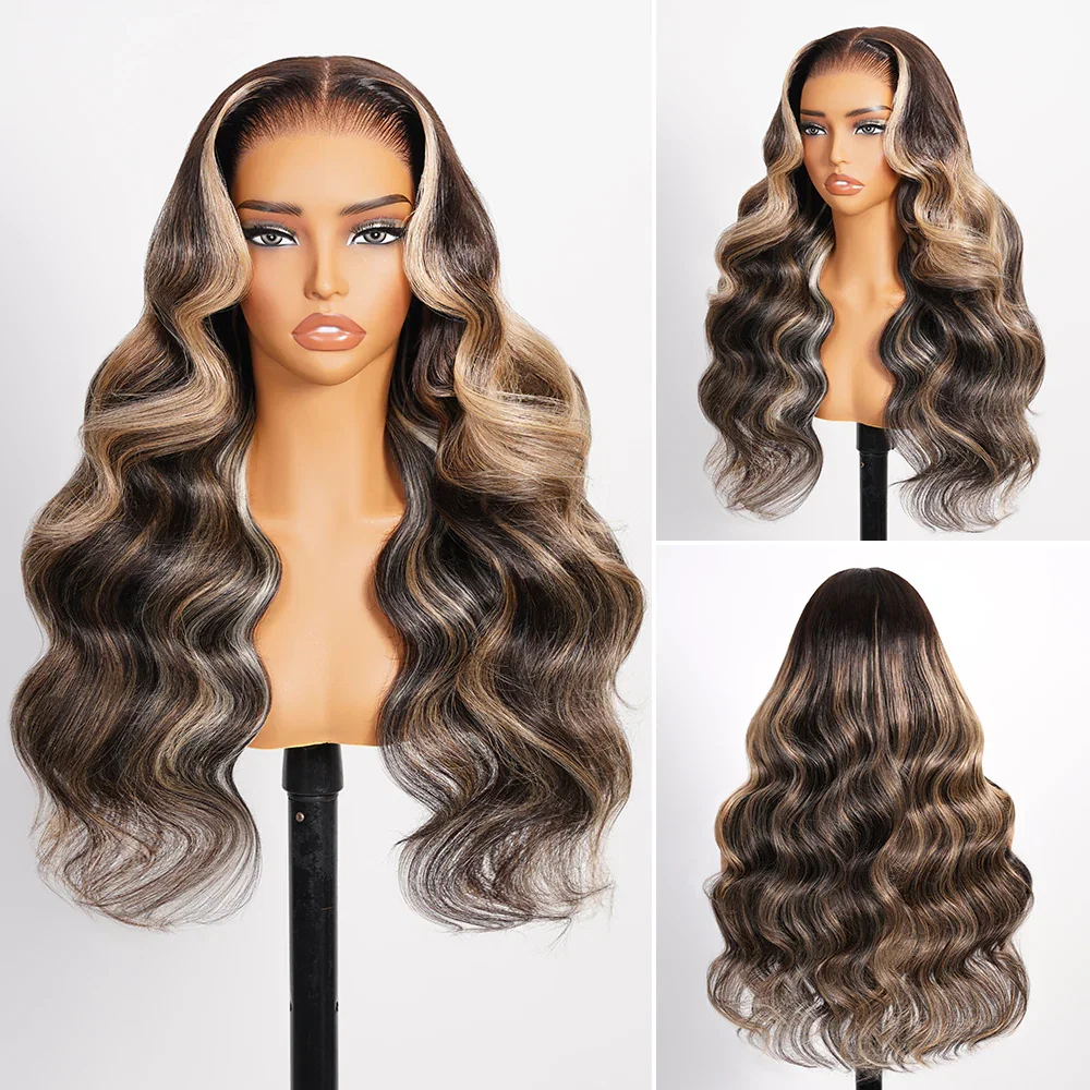 Megalook 13x6 Three-Go™ Ombre Platinum Blonde Balayage Highlights Glueless Wigs Body Wave With Drawstring 100% Human Hair Wig - 13x6 Pre-Cut Lace / 18