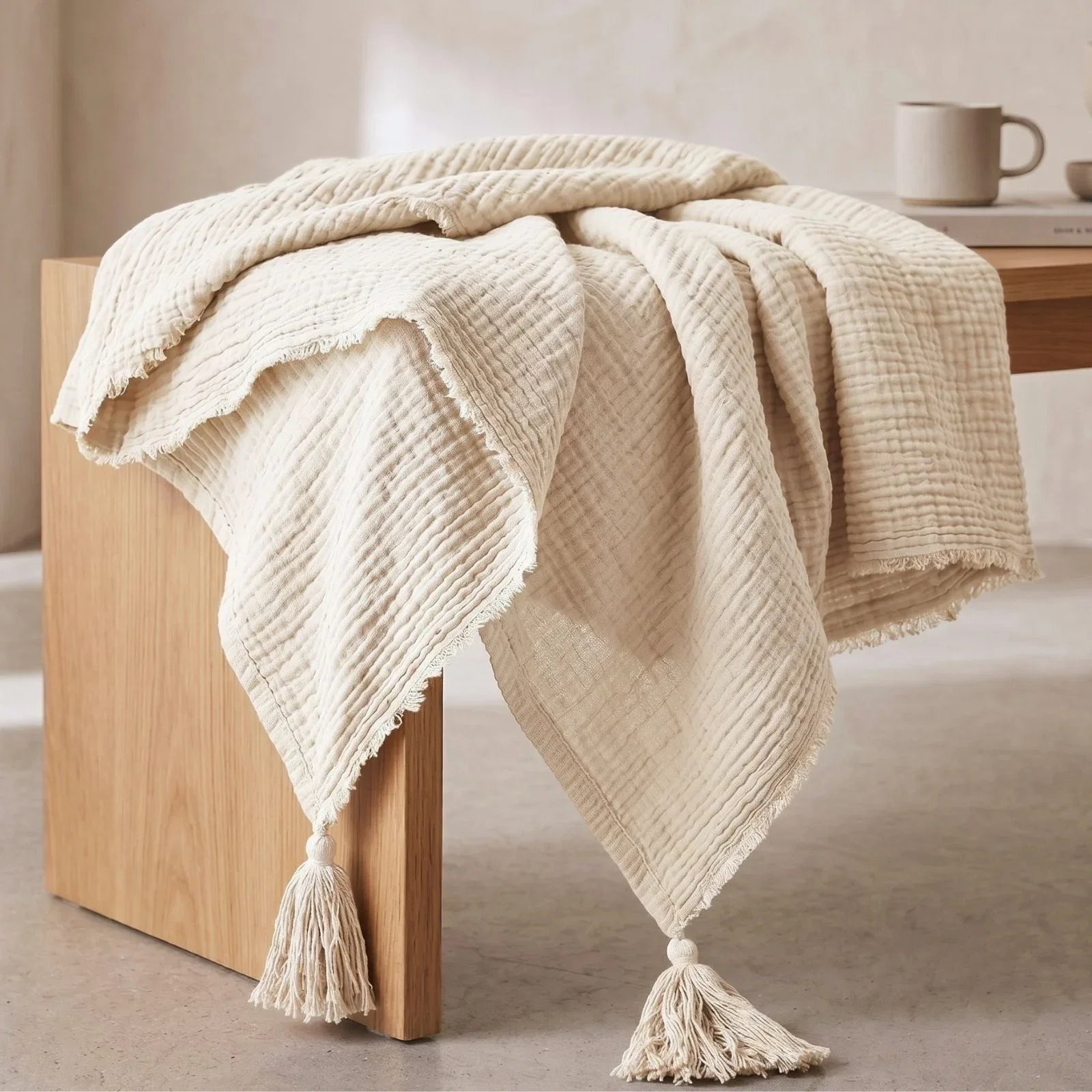 Image of Pure Handmade Cotton Muslin Bed Throw Blanket, Cloud - 127 x 180 cm