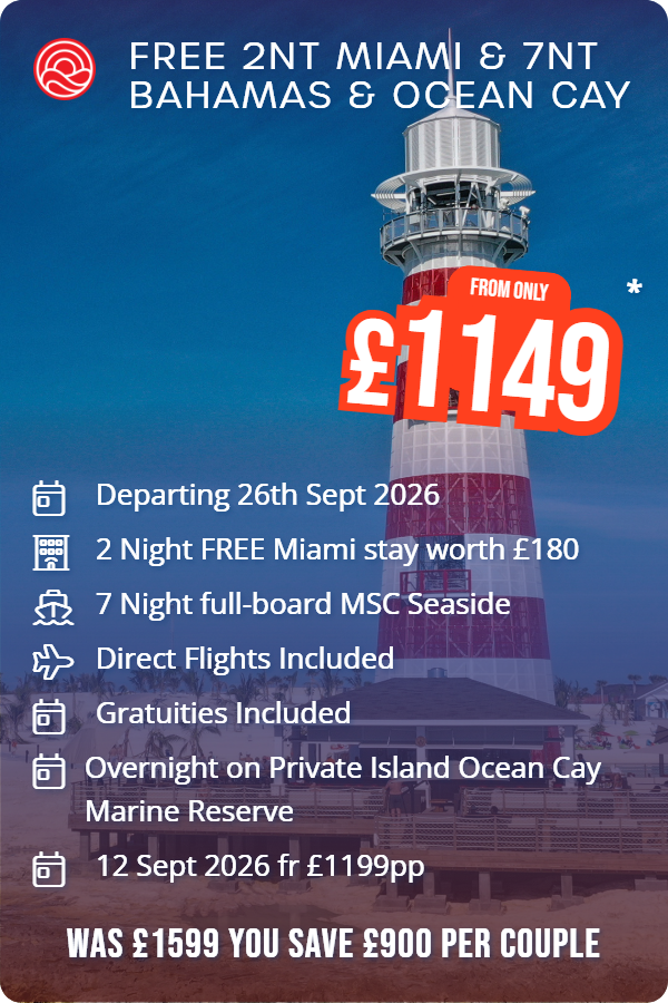 Free 2nt Miami & 7nt Bahamas & Ocean Cay – Smart Holiday promotional image. From £1,149 Includes: Departing 26th Sept 2026, 2 Night FREE Miami stay worth £180, 7 Night full-board MSC Seaside, Direct Flights Included, Gratuities Included, Overnight on Private Island Ocean Cay Marine Reserve, 12 Sept 2026 fr £1199pp. WAS £1599 YOU SAVE £900 PER COUPLE