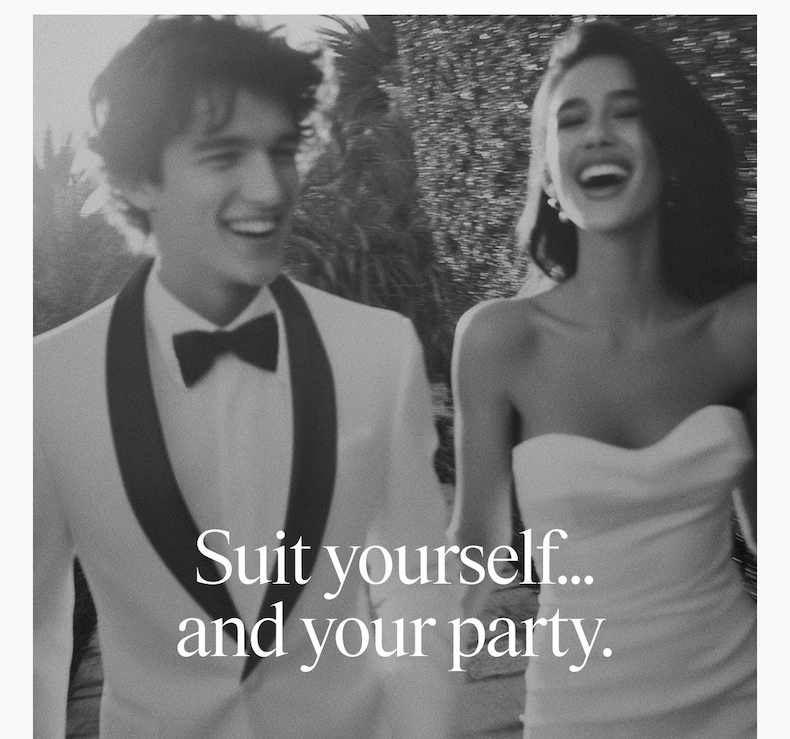 Black-and-white photo of a man in an ivory tuxedo jacket with black shawl lapel and bow tie laughing alongside a woman in a strapless white gown, outdoors near palm trees. Text overlay reads: "Suit yourself... and your party."
