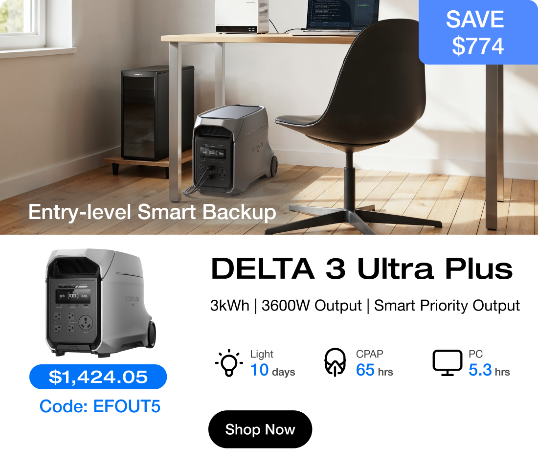Entry-level Smart Backup "$1,424.05 Code: EFOUT5"	"DELTA 3 Ultra Plus 3kWh | 3600W Output | Smart Priority Output" "Light 10 days"	"CPAP 65 hrs"	"PC 5.3 hrs"