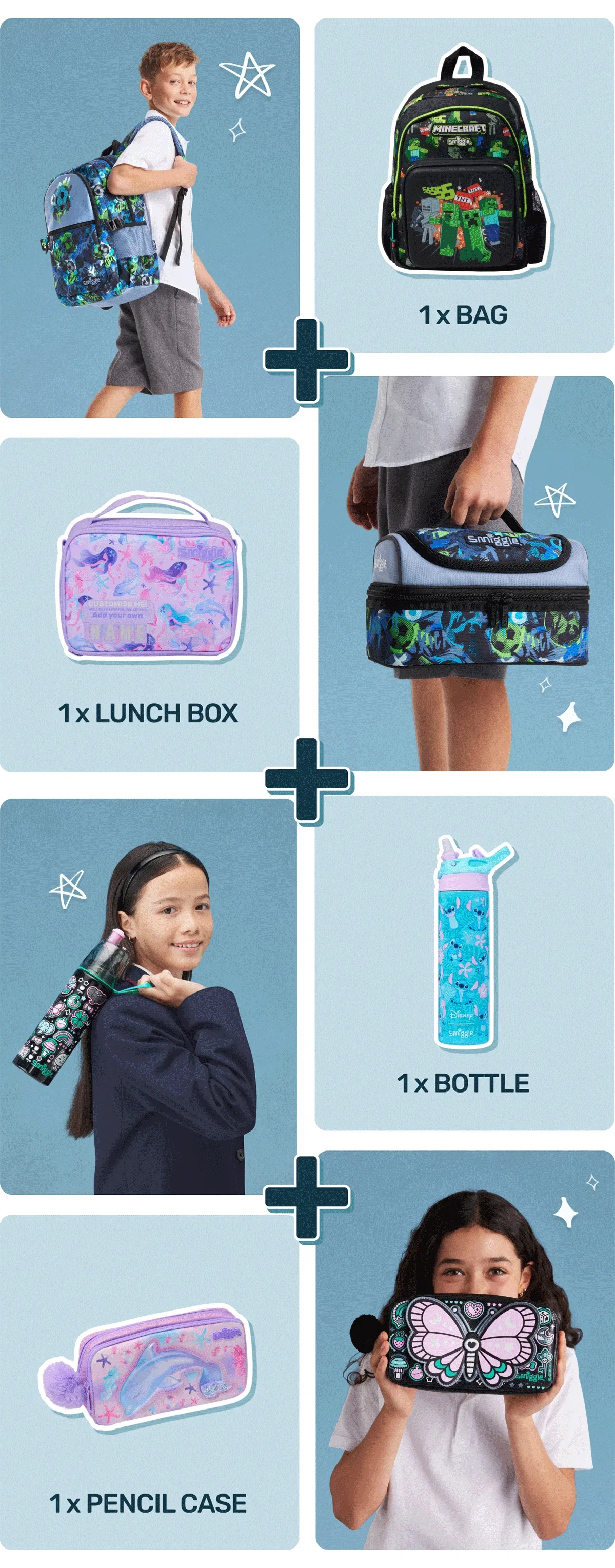 1x bag + 1x lunch box + 1x bottle + 1x pencil case