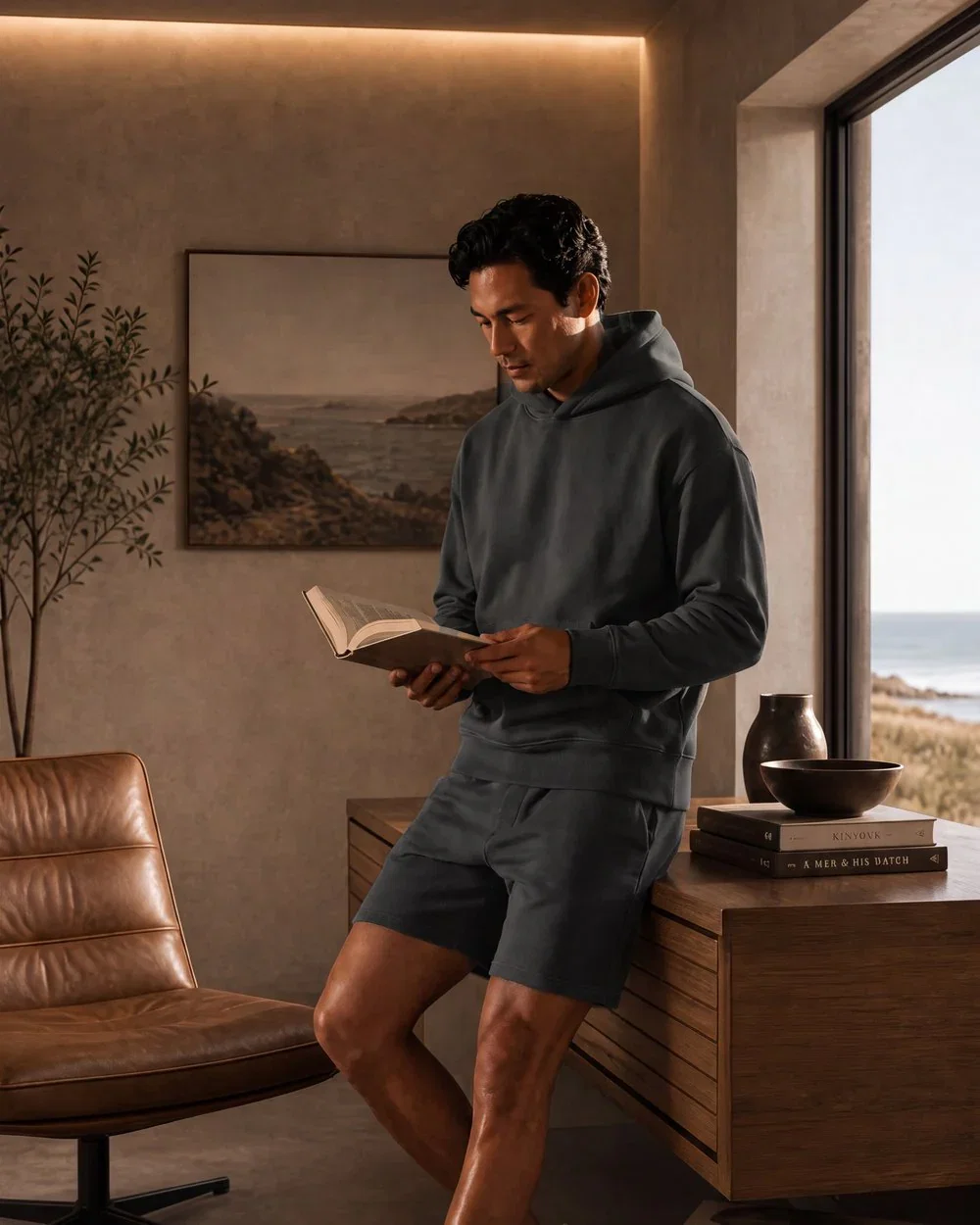 Terry Fleece Shorts and hoodie set in Smoke, on model