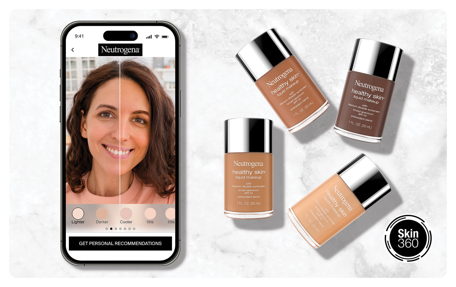 Woman matching different shades of Healthy Skin Liquid Makeup to her face using Neutrogena® Shadefinder