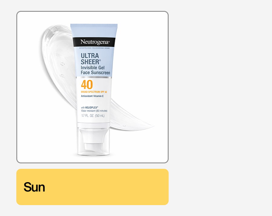 Neutrogena® Ultra Sheer® Invisible Gel Face Sunscreen SPF 40 Front of Pack and Texture Swatch