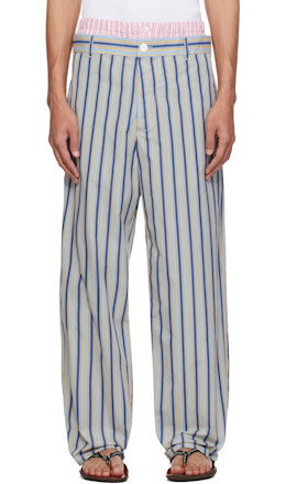 Blue & Yellow Striped Poplin Trompe L'Oeil Effect Trousers - Marni