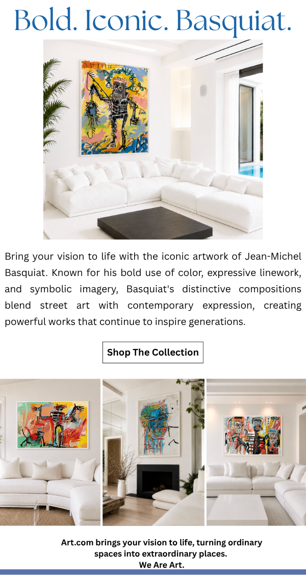 Bold. Iconic. Basquiat. Bring your vision to life with the iconic artwork of Jean-Michel Basquiat. Known for his bold use of color, expressive linework, and symbolic imagery, Basquiat's distinctive compositions blend street art with contemporary expression, creating powerful works that continue to inspire generations.