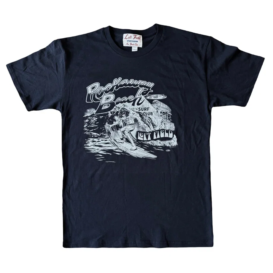 Left Field x Rockaway Beach Surf Club Cotton Crew Navy Tee check sizing specs