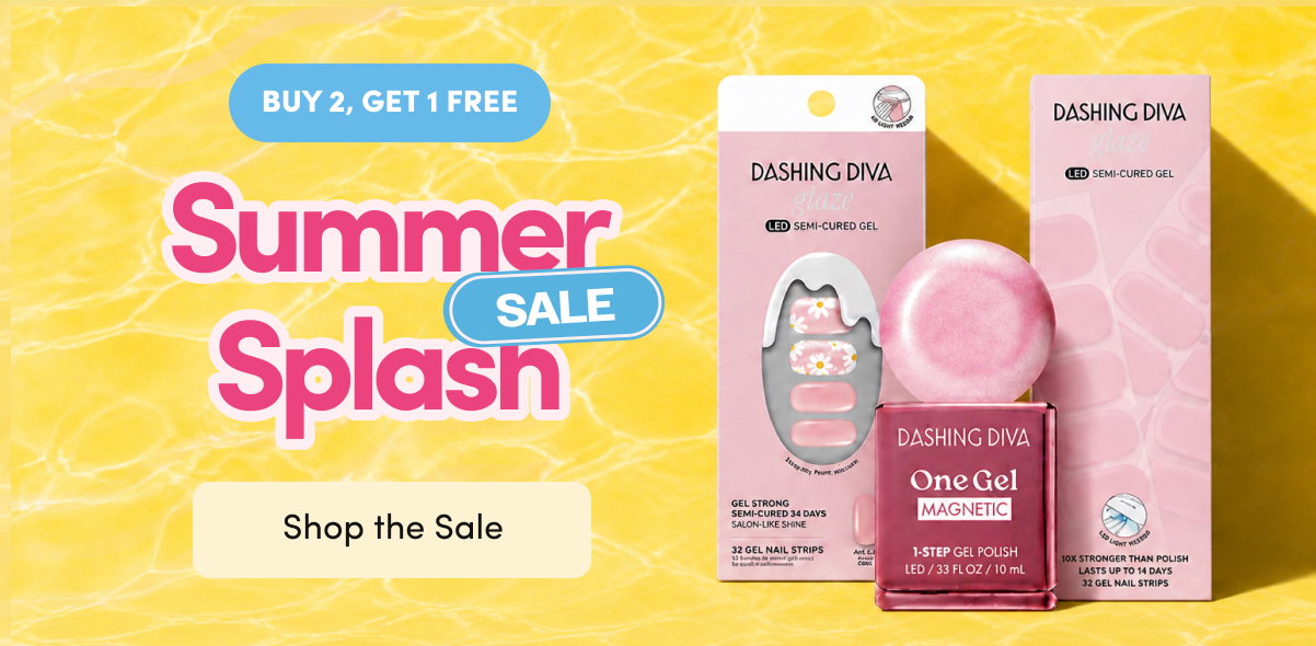 'Summer Splash Sale — Buy 2, Get 1 Free, Shop the Sale' promo banner on a bright yellow water-textured background, featuring Dashing Diva Glaze semi-cured gel nail strip packages in floral pink and solid pink, alongside a One Gel magnetic polish bottle.