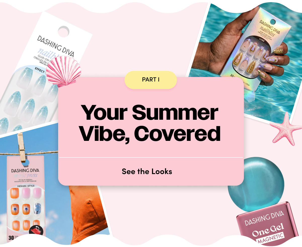 'Part I: Your Summer Vibe, Covered — See the Looks' promo graphic featuring Dashing Diva product packaging including glue-on nails, Magic Press nails, a hand holding a Nailhliss luxe gel nail package in the ocean, and a One Gel magnetic polish bottle, with decorative seashell and starfish graphics on a pink background.