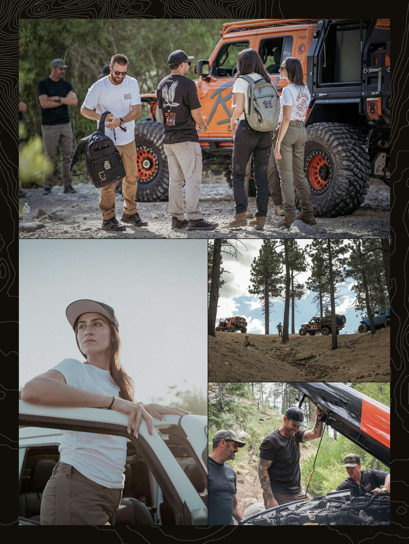 Men and women wearing 5.11 gear and apparel in the outdoors, with off-roading vehicles
