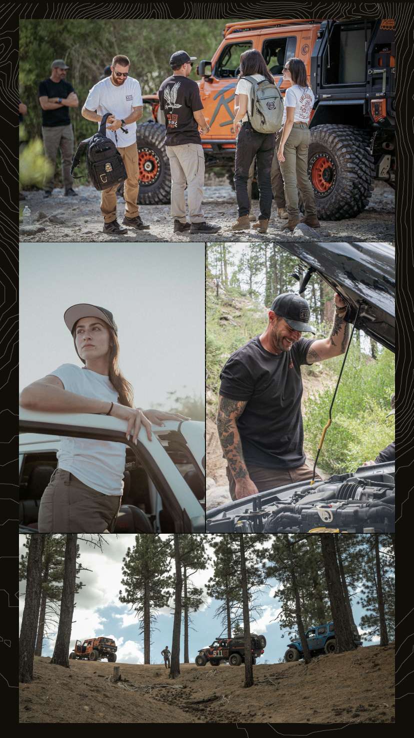 Men and women wearing 5.11 gear and apparel in the outdoors, with off-roading vehicles