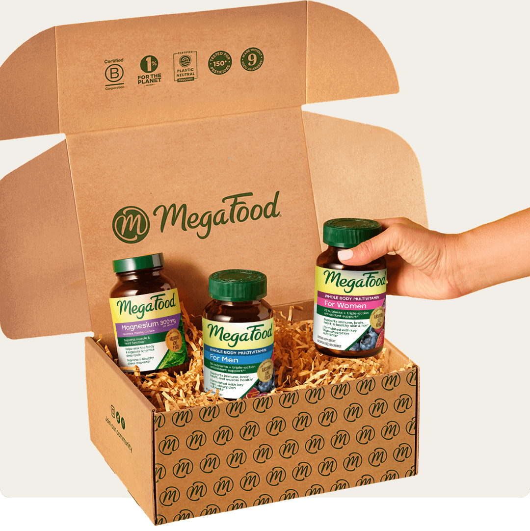 MegaFood Shipping Box with a selection of MegaFood vitamins