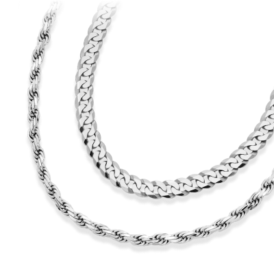 White metal Cuban link and rope chain necklaces.