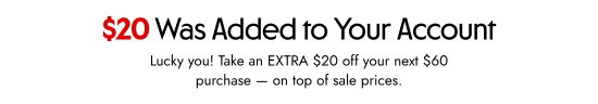 20 Dollars Was Added to Your Account. Lucky you. Take an EXTRA 20 dollars off your next 60 dollars purchase - on top of sale prices.