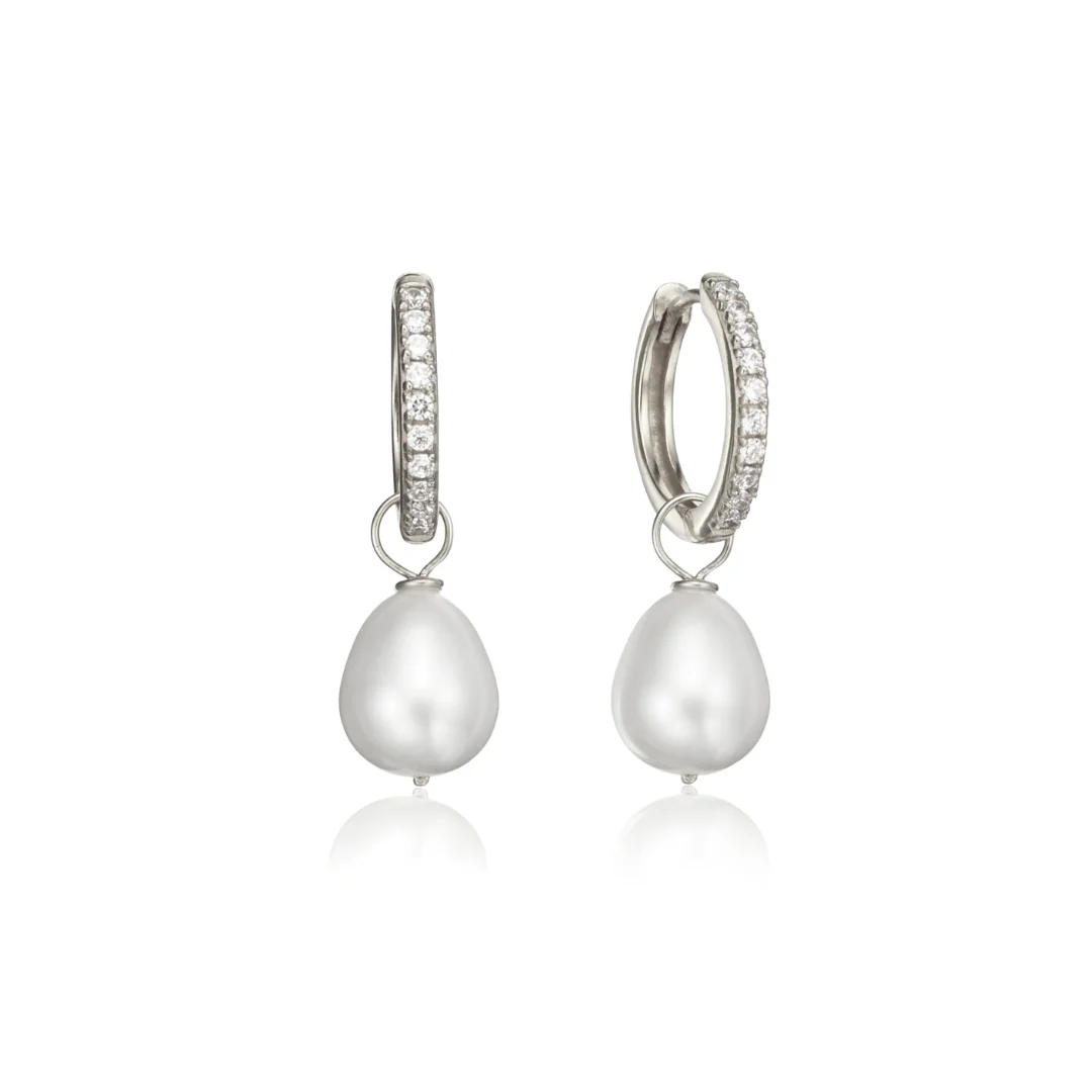 Image of Silver Diamond Style Large Pearl Drop Hoop Earrings