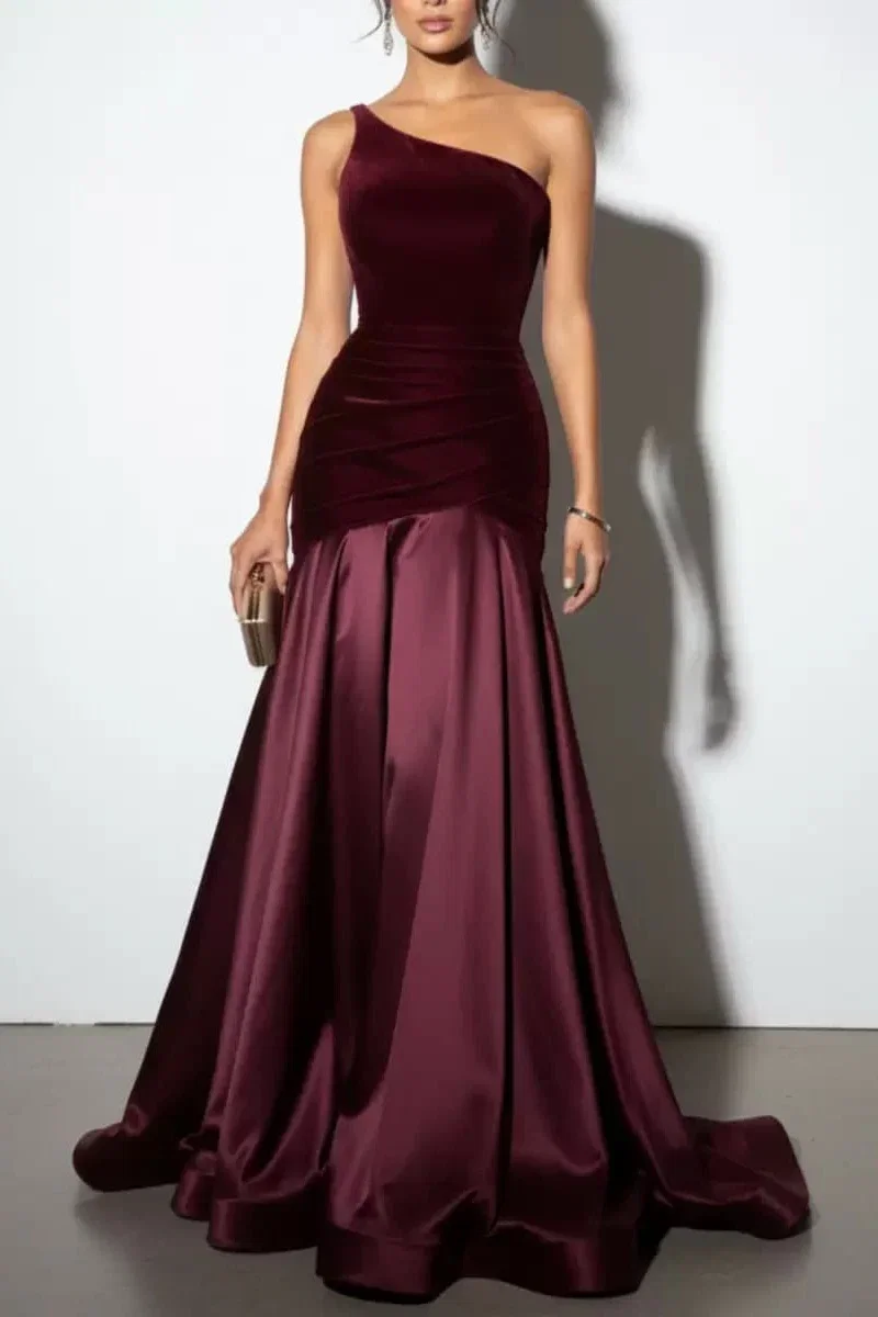 Image of Trumpet-Mermaid Sweep-Brush Train Velvet Satin Wedding Guest Dress CG0332