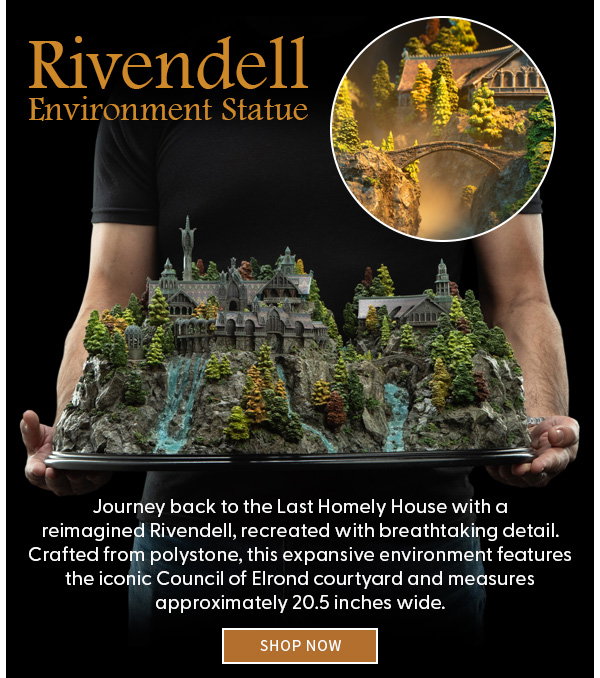 Headline: Rivendell Environment Statue  Subtext: Journey back to the Last Homely House with a reimagined Rivendell, recreated with breathtaking detail. Crafted from polystone, this expansive environment features the iconic Council of Elrond courtyard and measures approximately 20.5 inches wide. SHOP NOW 
