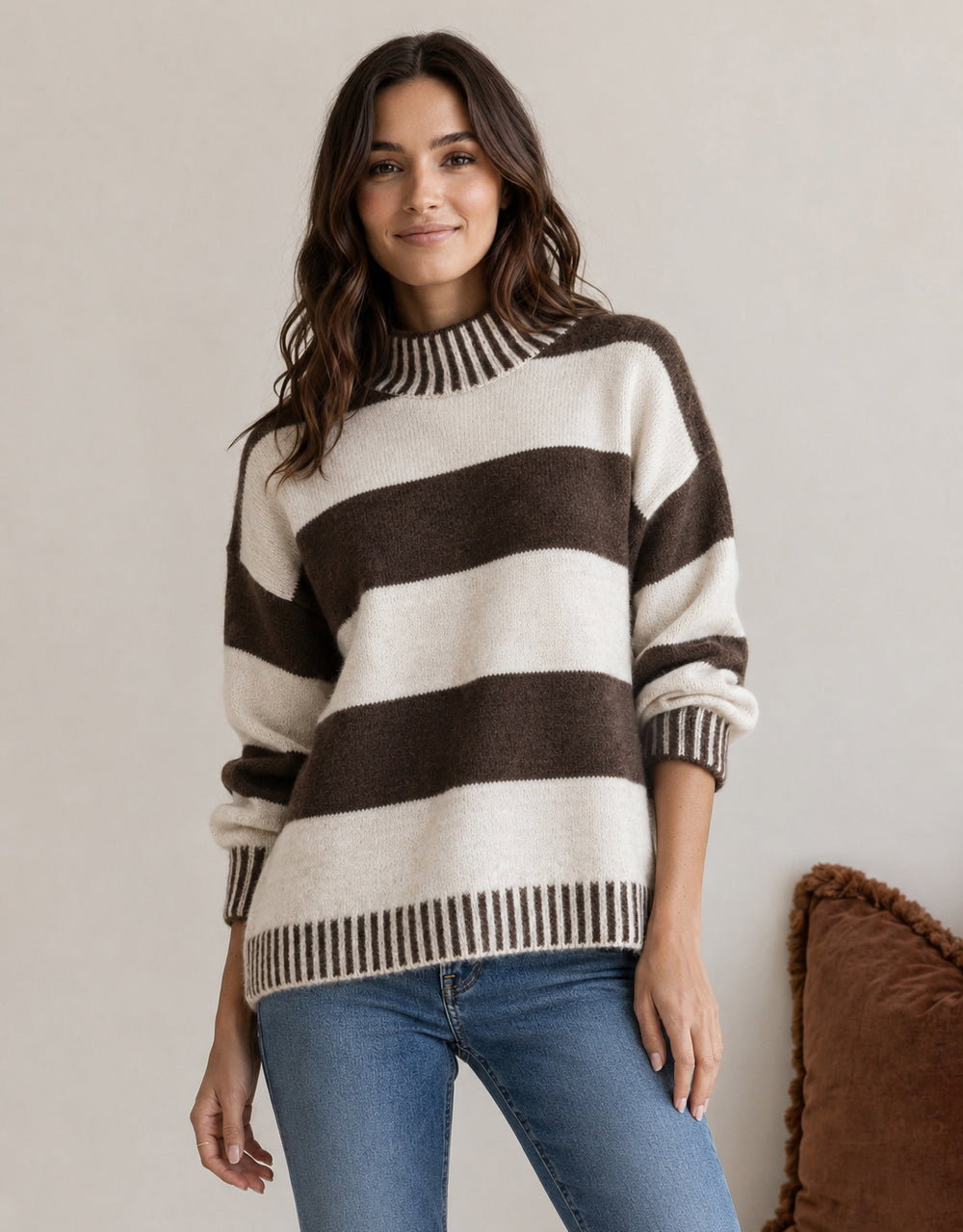 Gigi Wool Blend Stripe Knit - Chocolate/Natural