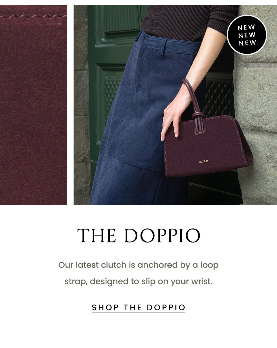 The Doppio | Our latest clutch is anchored by a loop strap, designed to slip on your wrist. < Shop The Doppio >