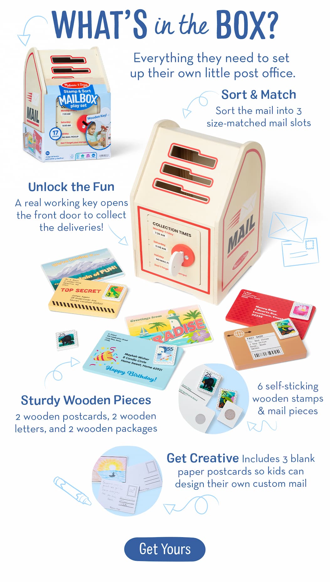 What's Inside the Box? Everything they need to set up their own little post office.