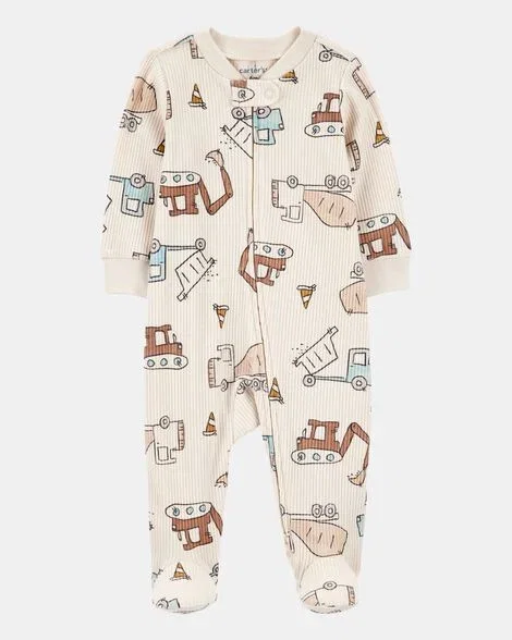 Image of Baby Boy Construction 2-Way Zip Ribbed Sleep & Play Pajamas - Cream