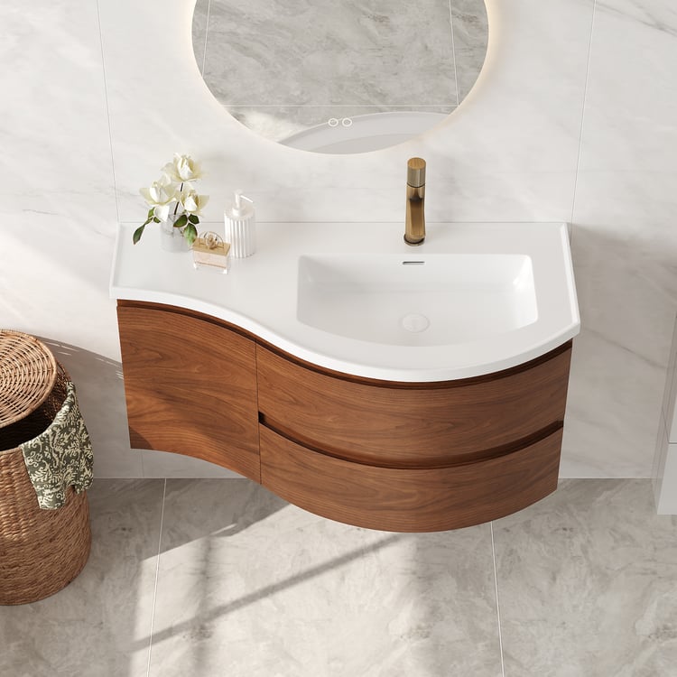 35" Floating Single Curved Bathroom Vanity with Sink & Storage