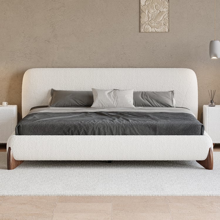 Curva King Boucle Upholstered Platform Bed with Walnut Legs