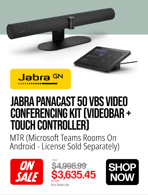 Shop Now Jabra Panacast 50 VBS Video Conferencing Kit (Videobar + Touch Controller) On Sale - Was $4,998.99, Now $3635.45 Ex GST