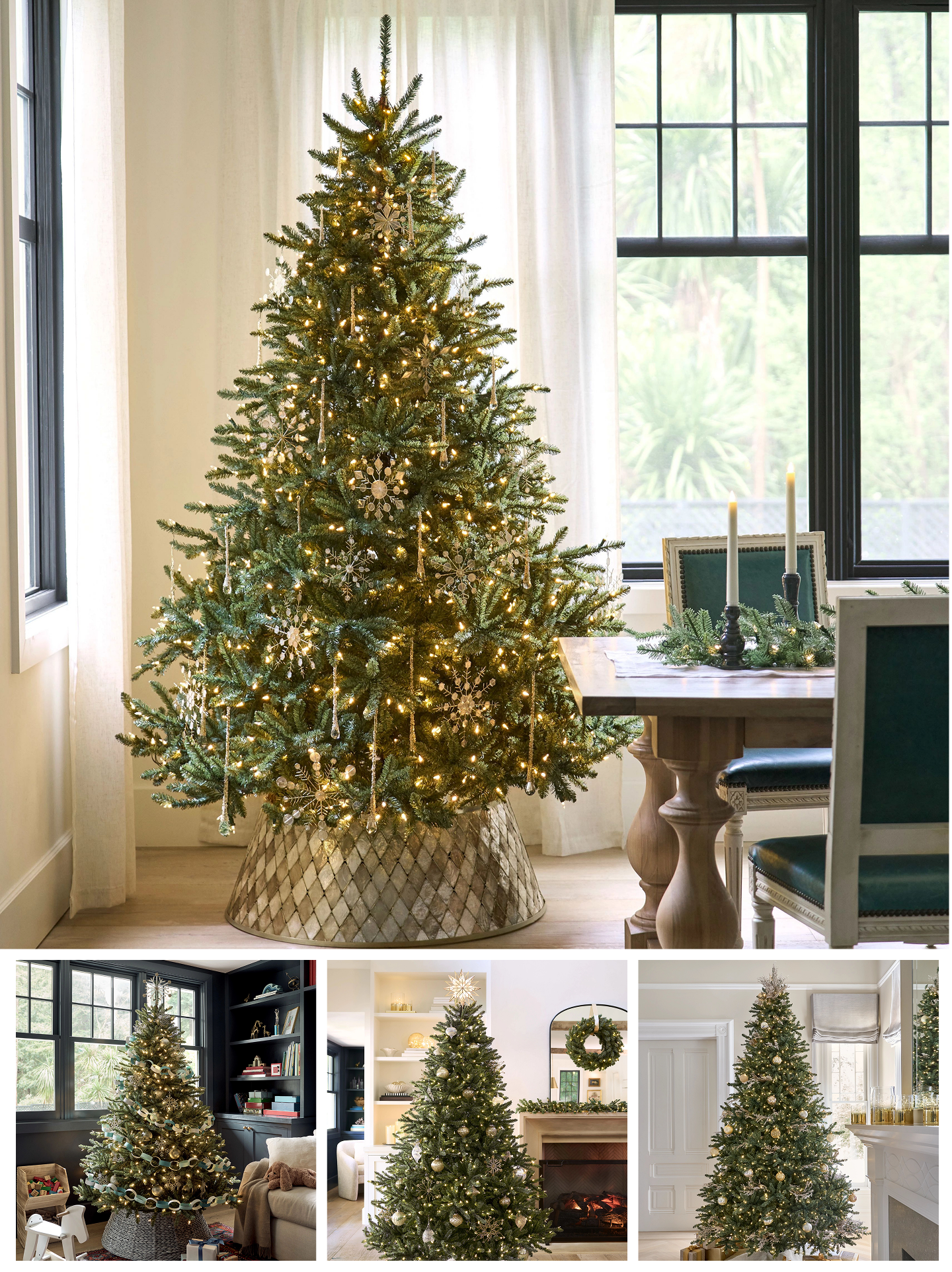 Fully decorated Christmas tree in a bright living room with product variations displayed below.