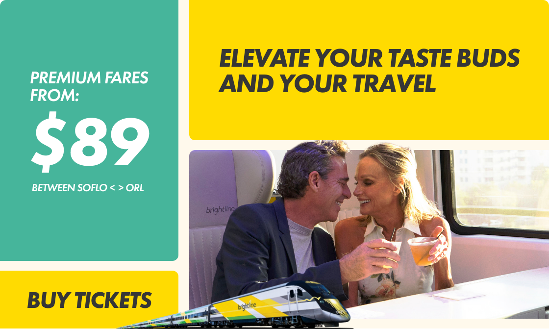 Promotional graphic advertising train fares to South Florida and Orlando features a smiling couple seated together on a modern train. Bold text panels highlight premium fares from $89 and invite viewers to elevate their taste buds and travel.
