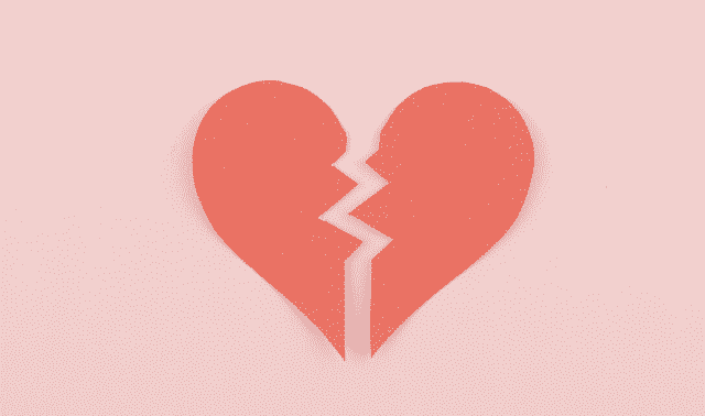 Red broken heart shape on a pale pink background, symbolizing heartbreak or separation.