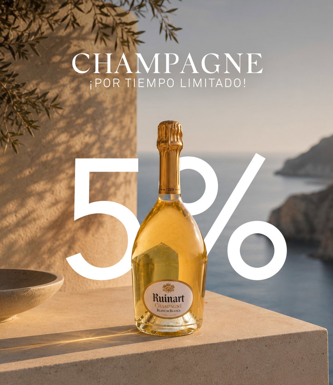 Ruinart Blanc de Blancs champagne bottle on sunlit stone terrace overlooking the sea, with a prominent 5% sale overlay
