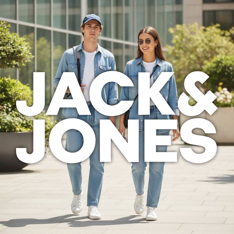 Two young adults in matching denim outfits walking in an urban plaza with large 'JACK & JONES' logo overlay