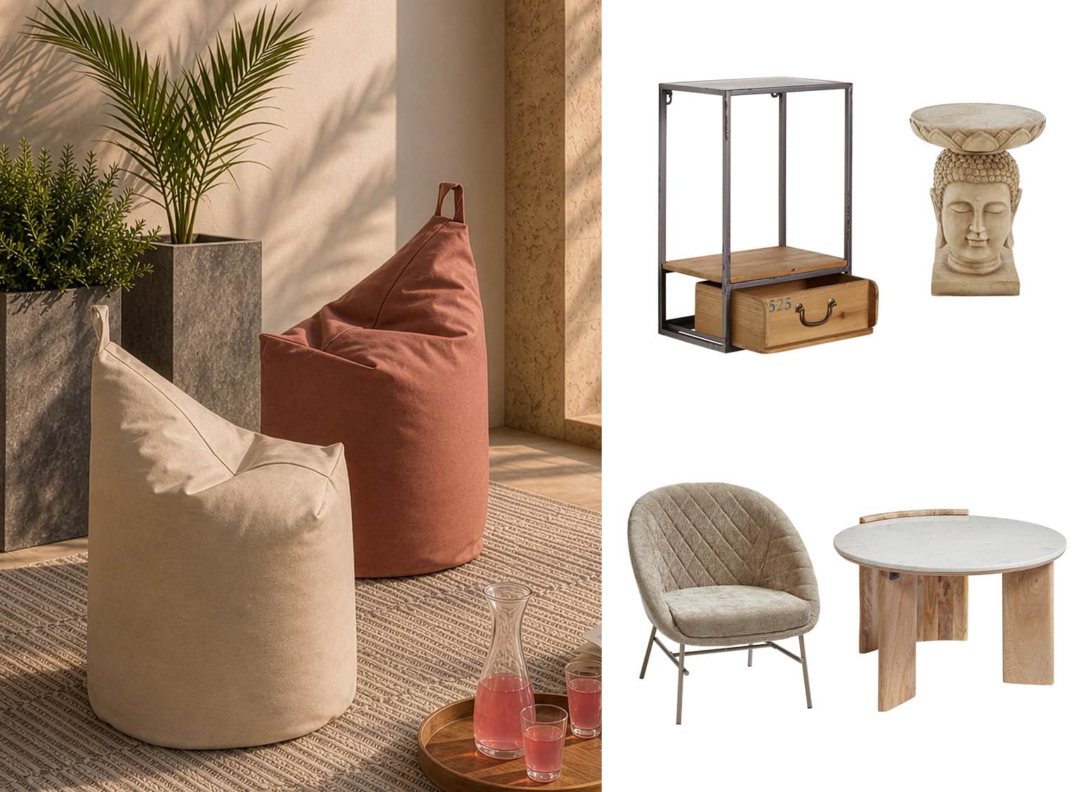 Zwei Sitzsäcke in Beige und Rostrot stehen auf einem Teppich neben Pflanzen. Daneben sind ein Metall-Holz-Regal, eine Buddha-Skulptur, ein gepolsterter Stuhl und ein runder Holztisch abgebildet.