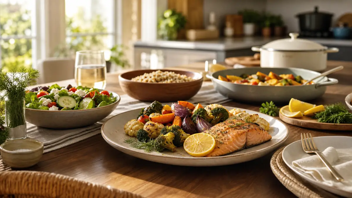 Fresh family meal prepared with ceramic nonstick cookware